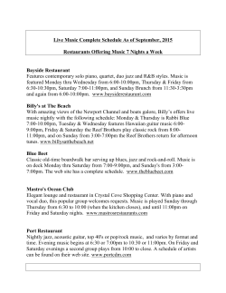 Live Music Complete Schedule As of September, 2015 Restaurants