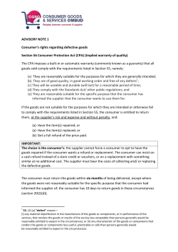 ADVISORY NOTE 1 Consumer`s rights regarding defective goods