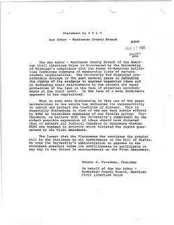 Page 1 i . &middot;--&middot; t __ . Statement by A C L U Ann Arbor