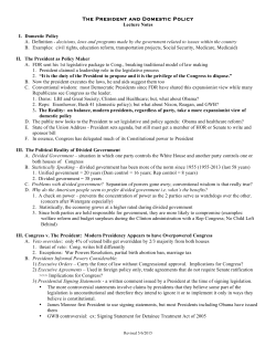 The President and Domestic Policy Lecture Notes I. Domestic Policy