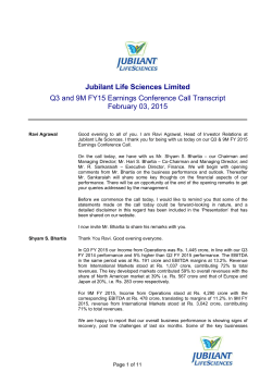 Q3 FY 2015 Results - Jubilant Life Sciences