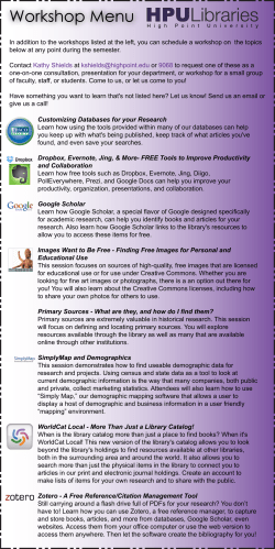HPU Libraries Workshop Menu