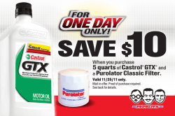 5 quartsof Castrol&reg; GTX&reg; and a Purolator Classic Filter.