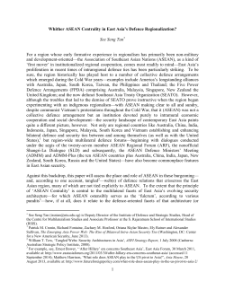 1 Whither ASEAN Centrality in East Asia`s Defence Regionalization