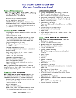 RCLS STUDENT SUPPLY LIST 2016