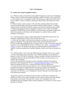 Unit 2: Participation 2a: Analyze the concept of political culture. 2a.1