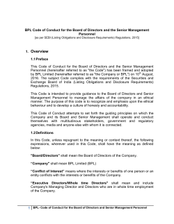 BPL Code of Conduct for Directors and Senior management personnel