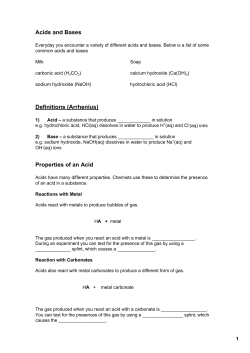 Acids and Bases Definitions (Arrhenius) Properties of an Acid