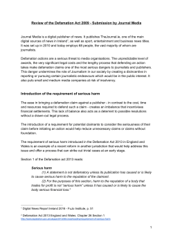 Review of the Defamation Act 2009 Submission by Journal Media