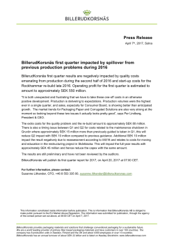Press Release BillerudKorsn&auml;s first quarter impacted by spillover