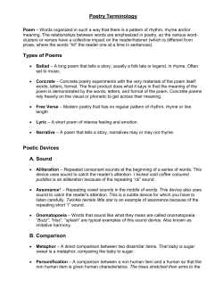 Poetry Terminology Types of Poems Poetic Devices A. Sound B