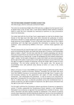 THE CFCR WELCOMES JUDGMENT IN SANRAL SECRECY CASE