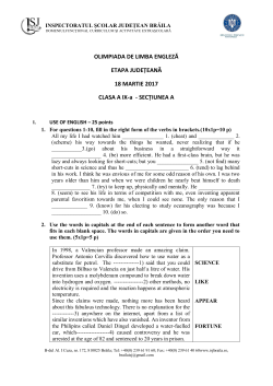 OLIMPIADA DE LIMBA ENGLEZĂ ETAPA JUDEȚEANĂ 18 MARTIE