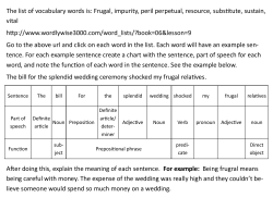 The list of vocabulary words is: Frugal, impurity, peril perpetual
