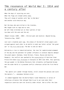 THe resonance of World War I: 1914 and a