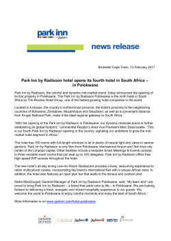 Park Inn by Radisson hotel opens its fourth hotel in South Africa &ndash; in