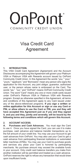 OnPoint Visa Credit Card Agreement