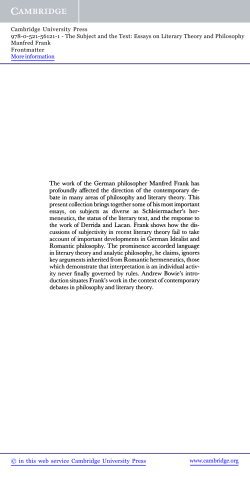 The work of the German philosopher Manfred Frank has profoundly
