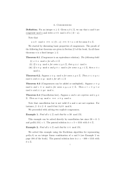 6. Congruences Definition. Fix an integer n &ge; 2. Given a, b &isin; Z, we