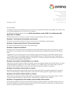 Shareholder Letter - Amino Technologies PLC