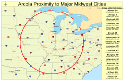 Arcola Proximity to Major Midwest Cities