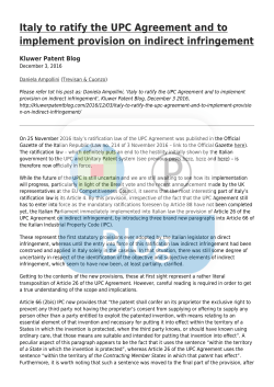 Italy to ratify the UPC Agreement and to implement provision on
