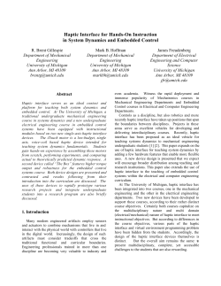 Haptic Interface for Hands-On Instruction in System Dynamics and