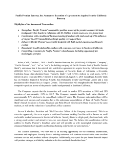 Pacific Premier Bancorp, Inc. Announces Execution of Agreement to