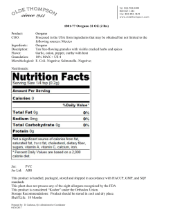 1801-77 Oregano 32 OZ (2 lbs) Product: Oregano COO: Processed