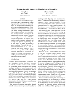 Hidden–Variable Models for Discriminative Reranking