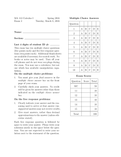 MA 113 Calculus I Spring 2016 Exam 2 Tuesday, March 8, 2016
