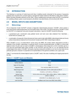 1.0 INTRODUCTION 2.0 MODEL INPUTS AND ASSUMPTIONS
