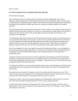 March 13, 2017 Re: Time for Canada to shine in multilateral Pacific
