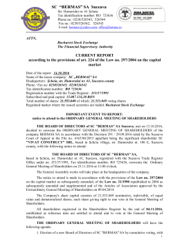 SC &ldquo;BERMAS&rdquo; SA Suceava - Bucharest Stock Exchange