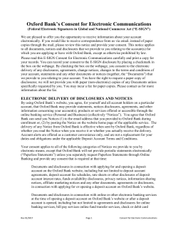 Oxford Bank`s Consent for Electronic Communications