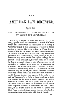 The Imputation of Insanity as a Cause of Action for Defamation