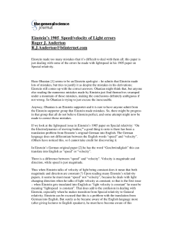 Einstein`s 1905 Speed/velocity of Light errors Roger J. Anderton R.J.