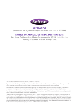 SOFTCAT PLC NOTICE OF ANNUAL GENERAL MEETING 2016