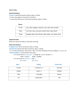 Unit 2: Verbs Rules/Vocabulary: A noun is a word that