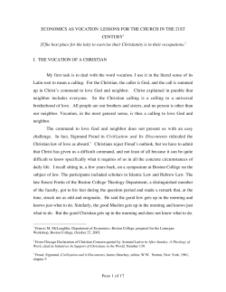 Economics as Vocation: Lessons for the Church in