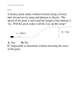 A hockey puck slides without friction along a frozen lake toward an