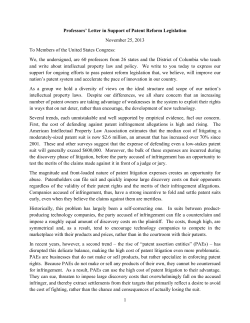 1 Professors` Letter in Support of Patent Reform Legislation