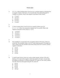 Practice Quiz 1. At t = 0, a wheel rotating about a fixed axis at a