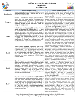 Medford Area Public School District Supply List Grades PK