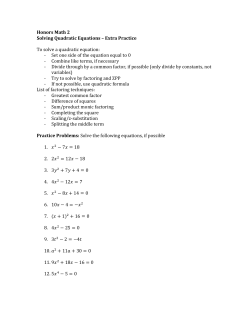 Honors Math 2 Solving Quadratic Equations &ndash; Extra Practice To