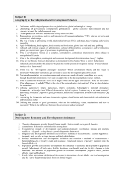 Subject 1: Geography of Development and Development Studies