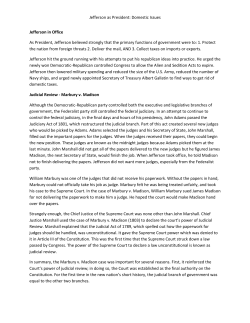 Jefferson as President: Domestic Issues Jefferson in Office As