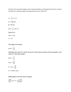 The base of an isosceles triangle is 20 cm and the altitude is