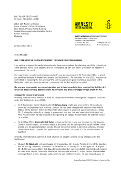 Malaysia: Open Letter: Use of the Sedition Act to restrict freedom of