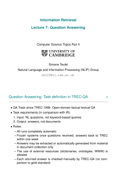 Information Retrieval Lecture 7: Question Answering Question